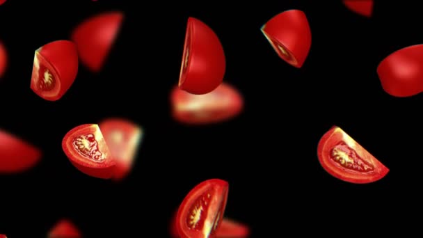 Tomato segments falling on black background, seamless loop, CG — Stock Video