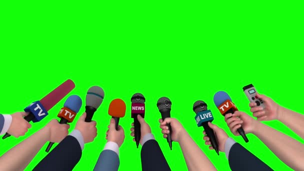 Micrófonos en manos de periodistas sobre fondo verde, animación 3D — Vídeo de stock