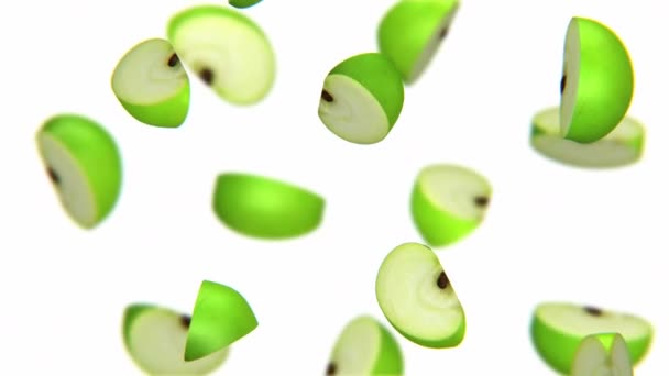 Lobules of green apple falling on white background, alpha channel, CG — Stock Video