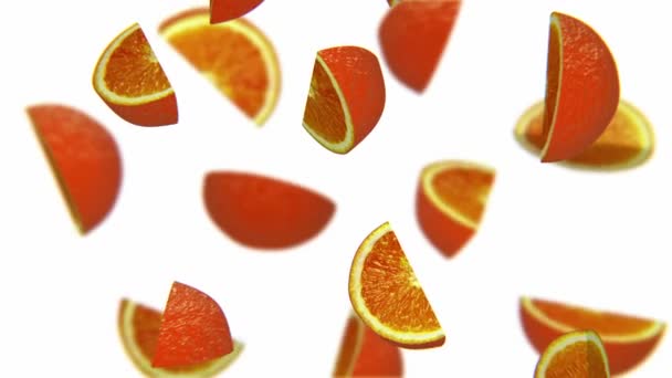 Lóbulos de laranja caindo sobre fundo branco, canal alfa, CG — Vídeo de Stock