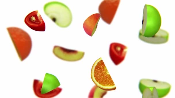 Lóbulos de frutas caindo sobre fundo branco, canal alfa, CG — Vídeo de Stock