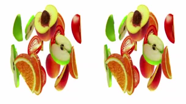 Горизонтальная анаморфная стереопара, фрукты вращаются на белой, бесшовной петле, 3D — стоковое видео