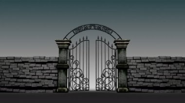 Kasvetli arka planda, 3d animasyon Gotik kapılarını aç