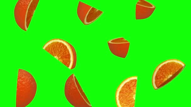 Pieces of orange falling on green screen, seamless loop, CG — Stock Video