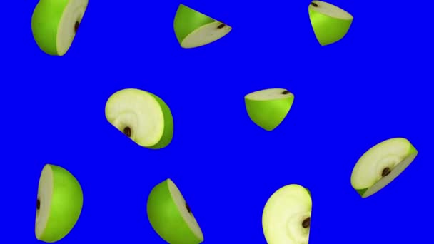 Pedazos de manzana verde cayendo en la pantalla azul, lazo sin costura, CG — Vídeos de Stock