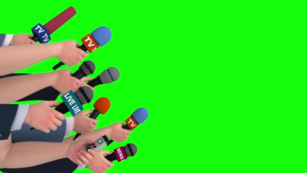 Entrevista de periodista con micrófonos, vista lateral, animación 3D, pantalla verde — Vídeos de Stock