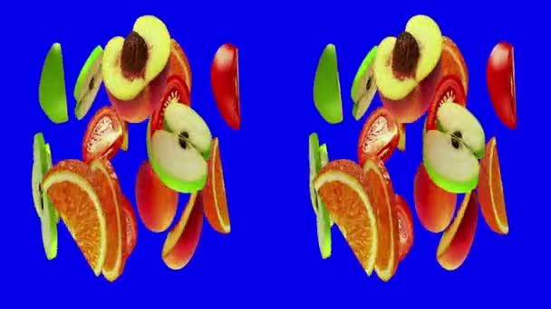 Горизонтальная анаморфная стереопара, фрукты вращаются на голубом, бесшовный цикл, 3D — стоковое видео