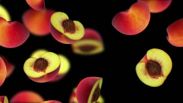 Skivade bitar av persika faller på svart bakgrund, sömlös loop, Cg — Stockvideo