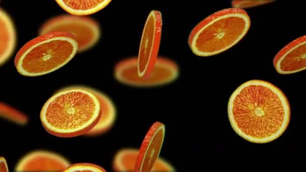 Trozos cortados de naranja cayendo sobre fondo negro, lazo sin costuras, CG — Vídeos de Stock
