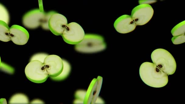 Gesneden stukjes van groene appel vallen op zwarte achtergrond, naadloze loops, Cg — Stockvideo