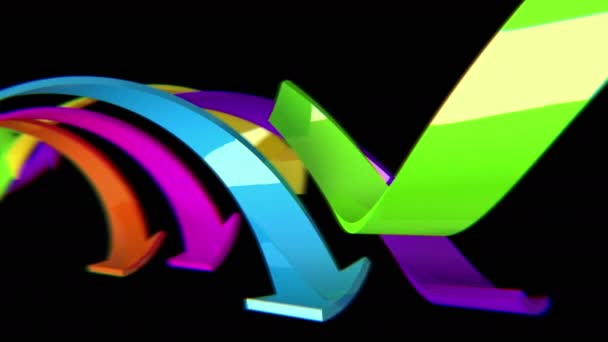 Multicolored 3D arrows move on black background, CG animation, seamless loop — Stock Video