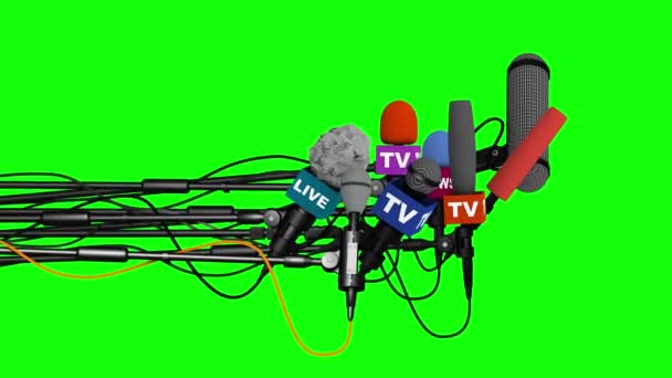 Microfones se preparam para conferência de imprensa, vista lateral, 3D no fundo verde — Vídeo de Stock