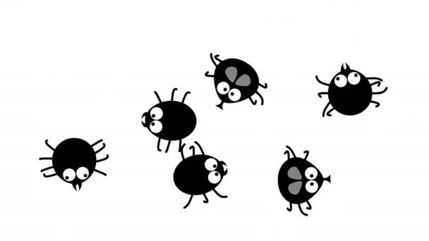 Funny black insects crawling on white, 2d animated cartoon, seamless loop — Stock Video