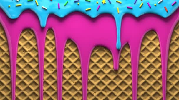 Голубой и розовый крем глазурь с кондитерскими брызгами капает на вафли — стоковое видео