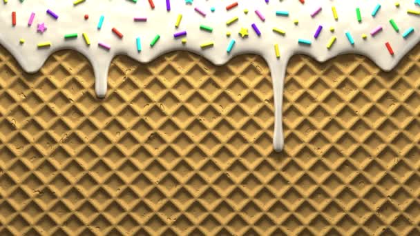 Milk ice cream with colored confectionery sprinkles drips on waffle — Stock Video