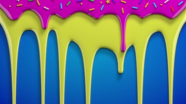 Pink with confectionery sprinkles and yellow paint drips on blue — Stock Video