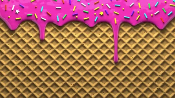 Pink cream icing with confectionery sprinkles drips on waffle — Stock Video
