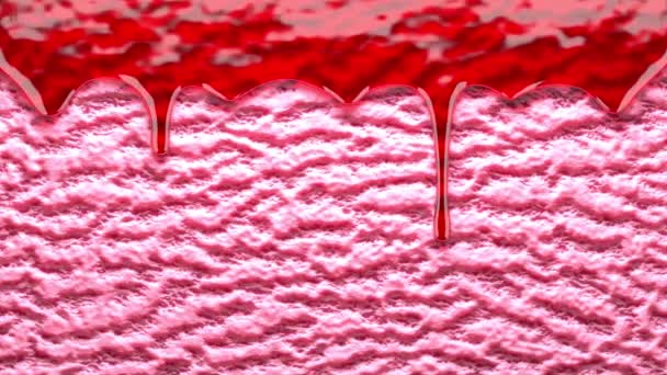 Красный сироп капает на розовое мороженое — стоковое видео