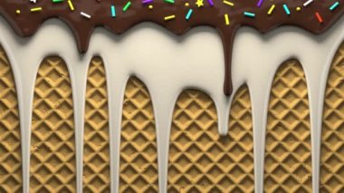 Çikolata ve kremalı waffle üzerine şekerleme serpiştirilmiş.