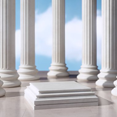 Mavi gökyüzünün altında flüt sütunlarla çevrili boş bir kare ürün standı..