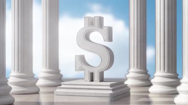 Mavi gökyüzüne karşı klasik sütunlarla çevrili bir kaidede beyaz mermer dolar işareti. Dolly zoom. 3 Boyutlu Canlandırma.