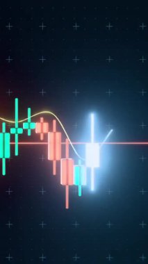 3 boyutlu şamdan şeması, dinamik ışıltı, hareket eden ortalama çizgi ve koyu arkaplanda mevcut fiyat göstergesi. Dikey döngü 3D canlandırması.