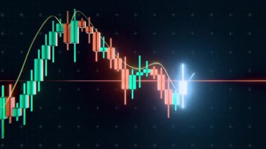 3 boyutlu şamdan şeması, dinamik ışıltı, hareket eden ortalama çizgi ve koyu arkaplanda mevcut fiyat göstergesi. Döngüsel 3 boyutlu canlandırma.