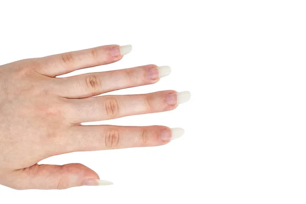 Γυναικεία Παλάμη Μακριά Νύχια Βαμμένα Λευκό Φόντο — Φωτογραφία Αρχείου