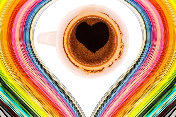 Papel Tira Arco Íris Onda Cor Coração Com Caneca Café — Fotografia de Stock