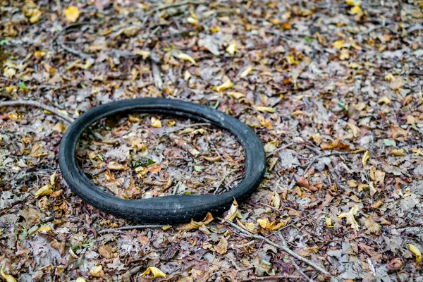人类生活产品污染环境的概念 被扔进树林里的自行车轮胎 — 图库照片