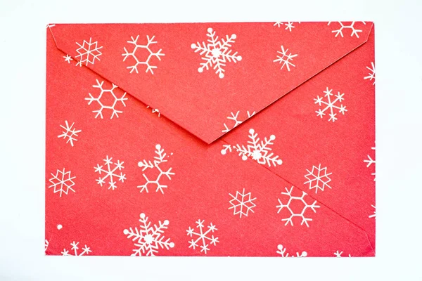 Red Vintage Paper Envelope Snowflakes Isolated White — Stock Photo, Image