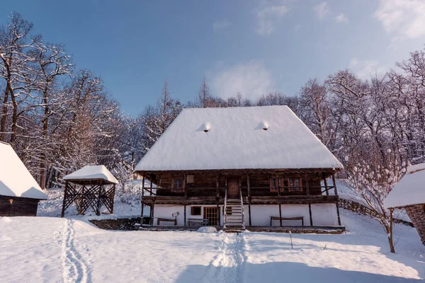 Traditionelles Rumänisches Dorf Siebenbürgen Mit Altem Strohdach Das Einem Kalten — Stockfoto