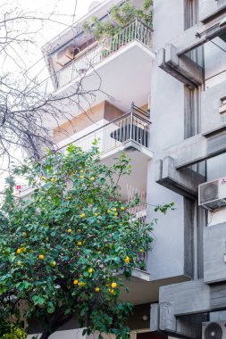 Atina, Yunanistan - 12 Şubat 2020 Atina 'nın güzel caddeleri apartmanlar, arabalar ve dükkanlar