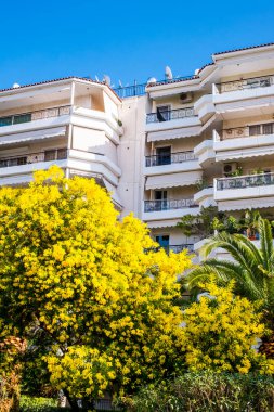 Atina, Yunanistan - 12 Şubat 2020 Atina 'nın güzel caddeleri apartmanlar, arabalar ve dükkanlar