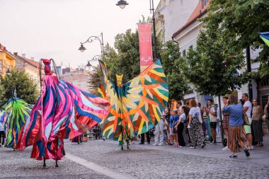Sibiu City, Romanya - 24 Ağustos 2021. Renkler, Teatro Pavana İtalya / Hollanda. Romanya 'nın Sibiu kentinde düzenlenen Uluslararası Tiyatro Festivali' nde sanatçılar sahne alıyor.
