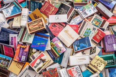 Sibiu city, Romania - 11 April, 2021. Old matches boxes from different country clipart