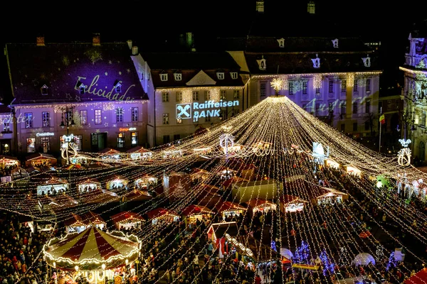 Sibiu Rumunia Listopada 2019 Panoramiczny Widok Tradycyjny Jarmark Bożego Narodzenia — Zdjęcie stockowe