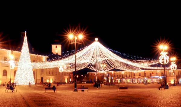 Vista Plaza Grande Desde Ciudad Sibiu Con Luces Navidad Árbol — Foto de Stock