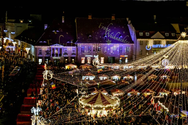 Sibiu Roemenië November 2019 Panoramisch Uitzicht Traditionele Kerstmarkt Het Historische — Stockfoto