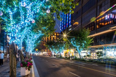 Şangay, Çin - 18 Mayıs 2025 Akşam yürüyüşü Şangay 'ın aydınlık sokaklarında