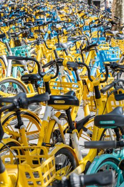 Şangay, Çin - 25 Eylül 2025 bisiklet paylaşım sistemi bisikletleri, Şangay, Çin. Güneşli bir günde düzgün park edilmiş sarı ve mavi renkli bisiklet sıraları.