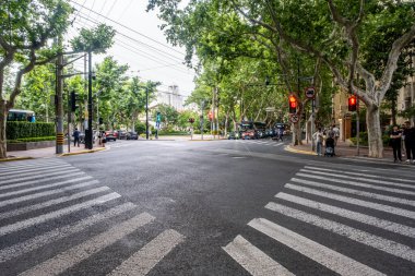 Şangay, Çin - 26 Nisan 2025 Muhteşem şehir Şangay 'da yürüyüş turu, hareketli bir şehir sokak sahnesi