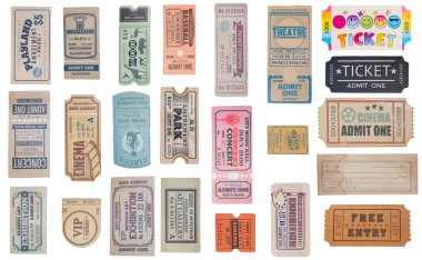 a collection of old vintage ticket isolated on white background