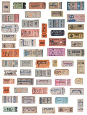 a collection of old vintage ticket isolated on white background