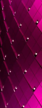 Geometrik, metalik yüzey kare karolardan oluşan bir şebeke deseni içeriyor. Fayanslar dinamik, soyut ve görsel olarak çarpıcı modern mimari bir cephe oluşturan canlı ışıklandırmayla aydınlatılıyor.