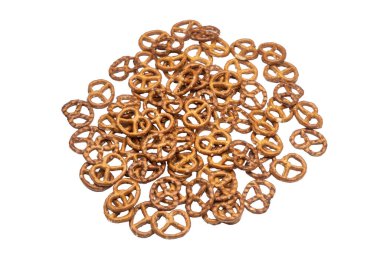 Salt pretzels isolated on white background. Salty snacks. Top view