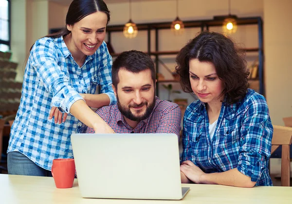 Colleagues looking at laptop and discussing — Stock Photo, Image