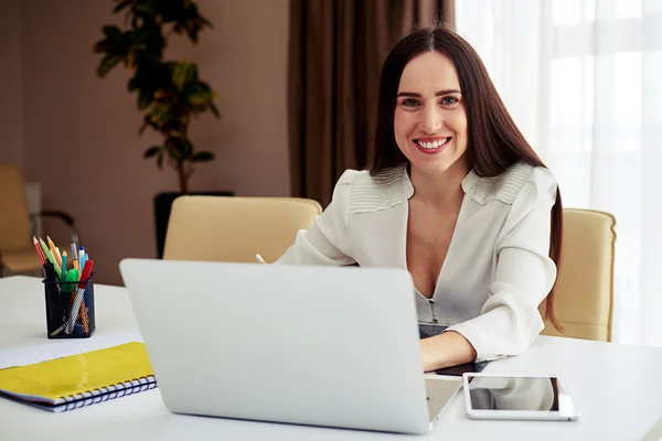 Young smiling brunette working on her notebook in a modern offic — Stock Fotó