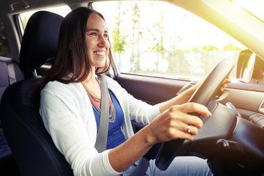  Smiling beautiful woman sitting by the wheel in her car