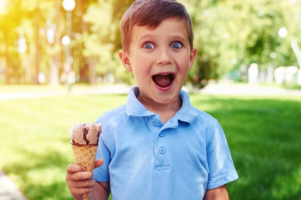 Piccolo ragazzo con gelato sembra felice e sorpreso mentre cammina — Foto Stock